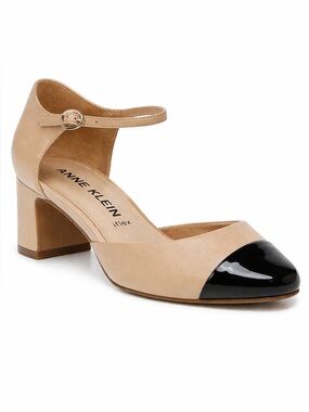 Anne Klein Patia Cap Toe Pumps Beige Black Ankle‎ Strap Block Heel 8.5 Parisian